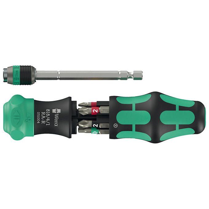 Wera 05051513001 Kraftform Kompakt 20 RA-R Set di bit con cricchetto integrato e 6 inserti PH PZ TORX Piatto lunghezza 25 mm materiale acciaio funzione cricchetto colore Nero-Verde