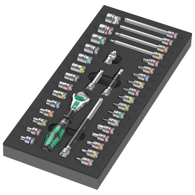 Wera 05150110001 8000 A Zyklop Set di attrezzi 37 pezzi Testa cricchetto inclinabile Sistema di bloccaggio Facile accesso spazi ristretti colore Nero Verde