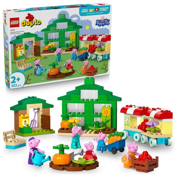 Lego Duplo Peppa Pig, il giardino e la serra di Nonno Pig 10461, set da costruzione, 102 pezzi, 5 personaggi, eta' 2+