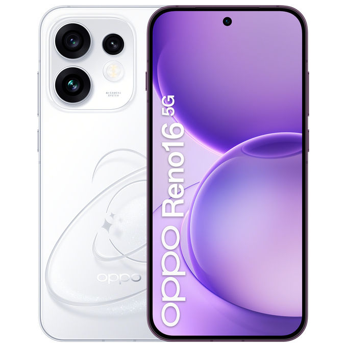 Oppo 110010237512 Reno16 5G Smartphone Tripla fotocamera 50MP+50MP+50MP Selfie 50MP Display 6.32 AMOLED 120Hz RAM 8GB ROM 512GB Batteria 6000mAh colore Bianco