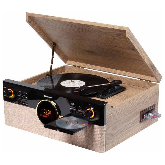 Denver MRD-180 Sistema Stereo Retro con Giradischi Radio DAB+ FM Lettore CD Bluetooth Lettore di Cassette Potenza 18 W colore Nero