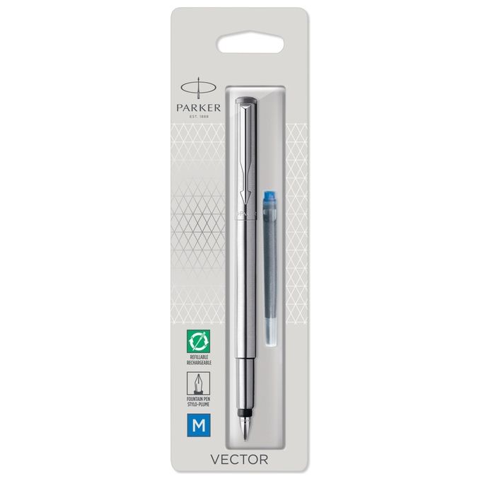 Parker 3501178708059 Vector Penna Stilografica Punta Media Inchiostro Quink Finiture Cromate colore Acciaio Inossidabile