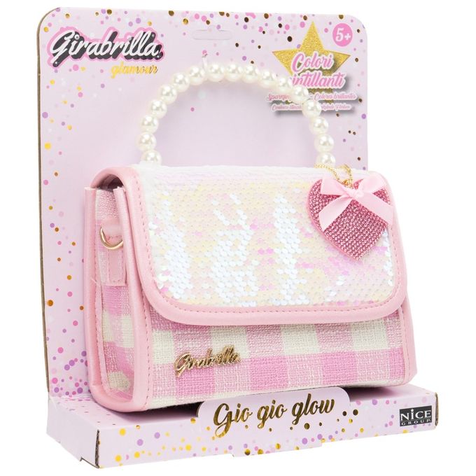 Girabrilla borsetta Gio Gio Glow, paillettes reversibili, maniglia a perline, tracolla, charm cuore, rosa pastello, 5+ anni