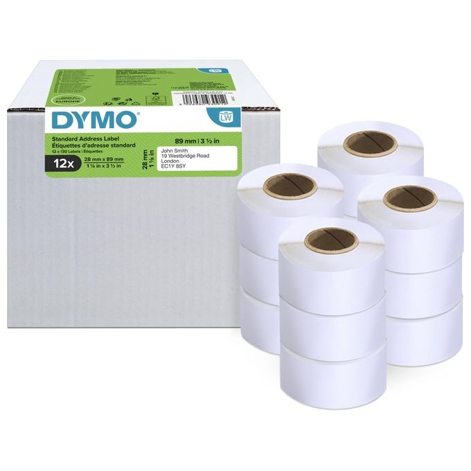 Dymo 2093091 Etichette Originali per Indirizzi 28x89 mm Autoadesive su Rotolo 12 Confezioni 130 Etichette per Rotolo Tecnologia Termica Diretta Colore Bianco