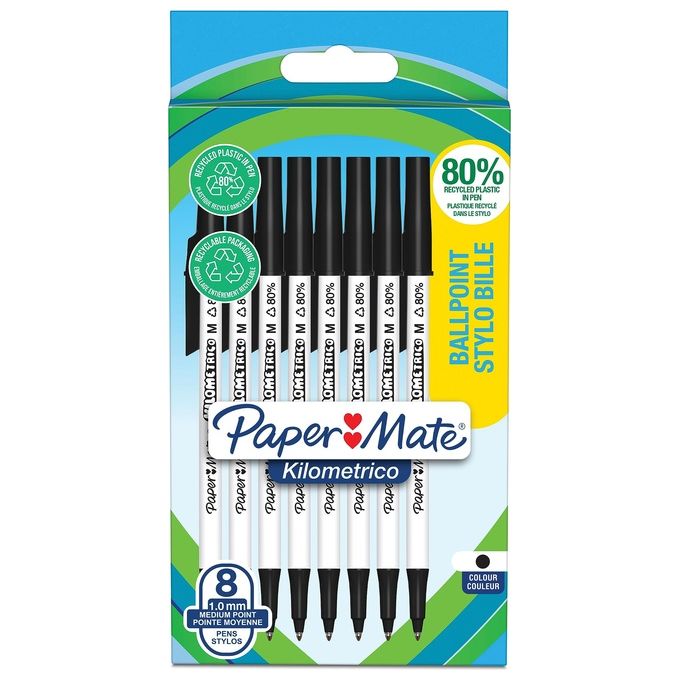 Paper Mate Confezione 8 Penne a Sfera Nero Kilometrico Recycled