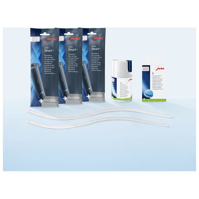 Jura 25065 Care Kit V3 Kit di Manutenzione per Macchina da Caffe' 3 Filtri Claris Smart 1 Detergente per Sistema del Latte 6 Compresse per la Pulizia 2 Tubi del Latte colore Nero
