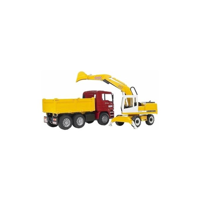 Bruder 02751 Camion Ribaltabile MAN TGA con Escavatore a Pala Liebherr Veicolo Giocattolo Cantiere Scala 1:16