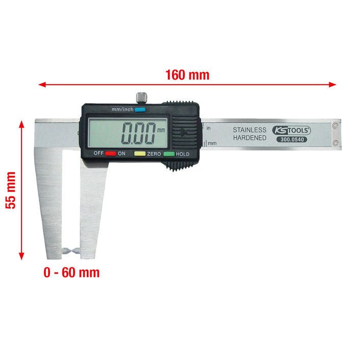 KS TOOLS 300.0540 Calibro a corsoio digitale per dischi freno in acciaio inossidabile con display LCD e funzione blocco 0-60 mm colore Nero