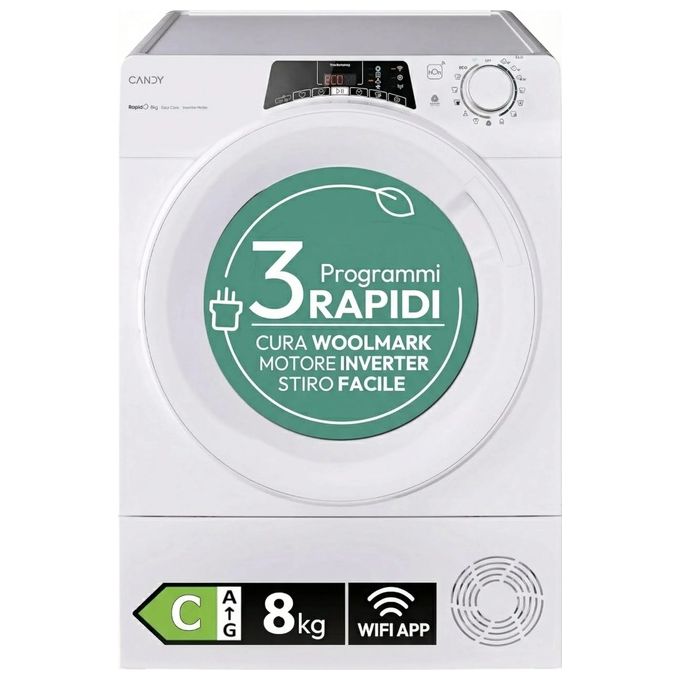 Candy RO EH8N3TE-S RapidÓ Asciugatrice Pompa di Calore Inverter 8 Kg Classe C Wi-Fi EasyCase Kilo Detector (85x59.6x43.2 cm) colore Bianco