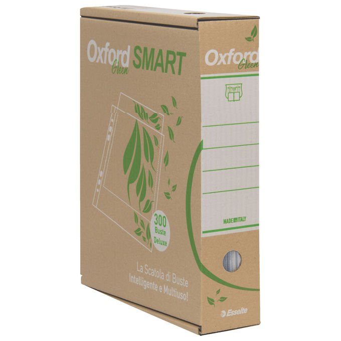 Esselte 397850504 OXFORD GREEN SMART Buste a Perforazione Universale 100% Riciclate Formato 22x30 cm con Banda 11 Fori colore Verde