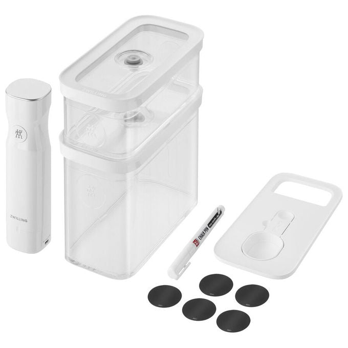 ZWILLING 1025970 FRESH and SAVE CUBE Set di avviamento per sottovuoto 5 pezzi con contenitori M 2M pompa a vuoto misurino etichette NFC colore Bianco trasparente