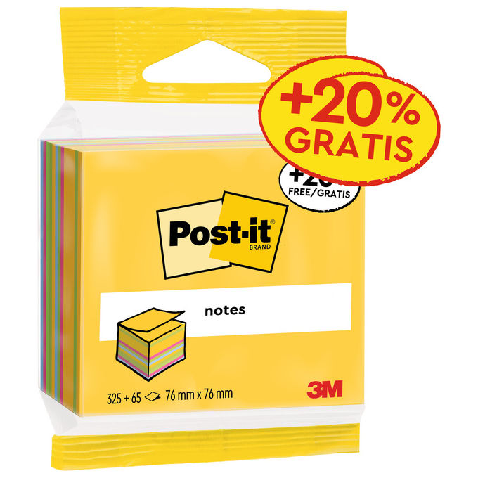 3M 4046719432080 Post-it Cubo di foglietti adesivi 3 blocchetti 76 mm x 76 mm 325 fogli + 20% gratis colore Multicolore