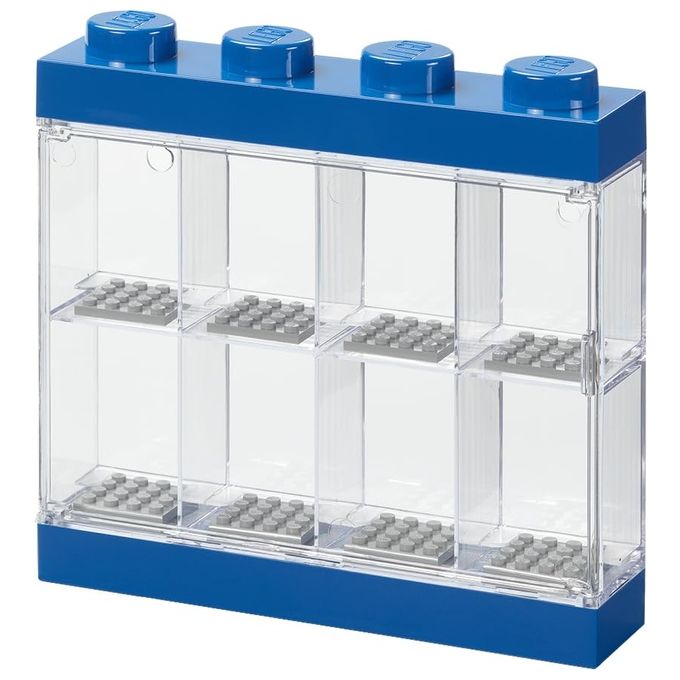 Lego espositore per minifigure, 8 posti, blu, porte trasparenti, impilabile, da parete o scrivania