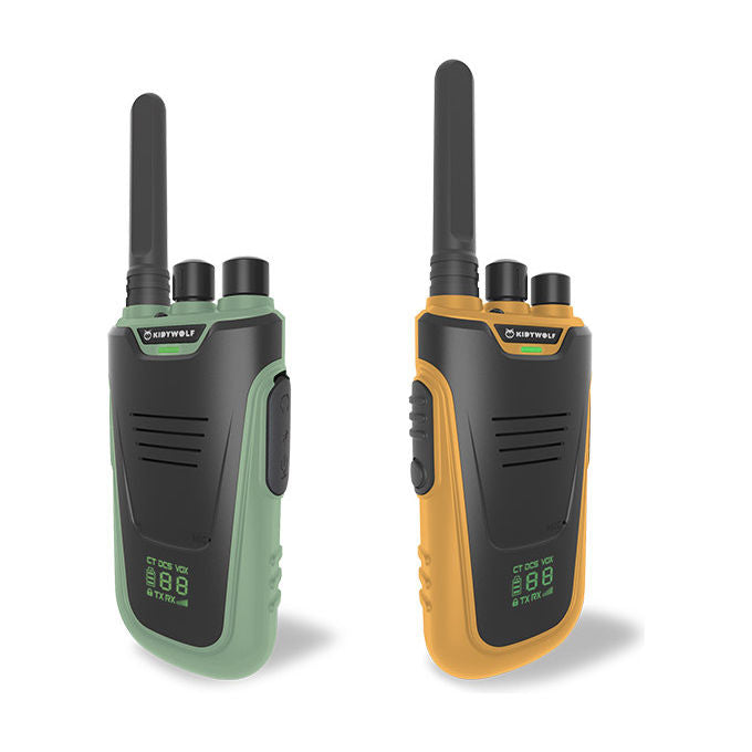 KIDYWOLF 418014 Walkie Talkie per Bambini 16 Canali Portata 6 km con Torcia e Display Illuminato colore Verde Arancione