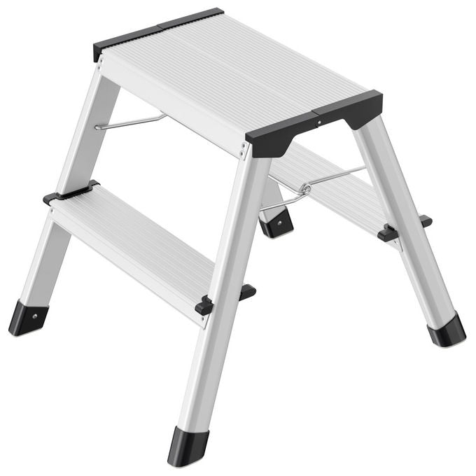 Hailo 4442-701 StandardLine Scaletta pieghevole a doppio gradino 2x2 gradini in alluminio con piedi antiscivolo e portata 150 kg colore Argento