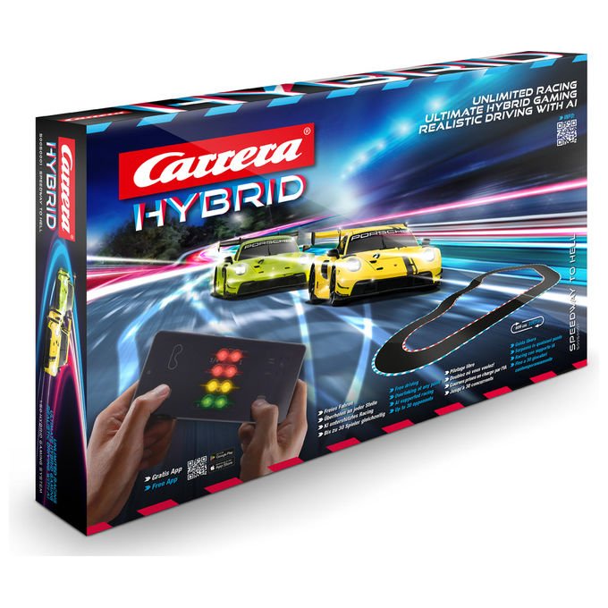 Carrera 50050001 HYBRID Speedway to Hell Set con 2 Auto in Scala 1:50 Controllo App Batteria Litio 30 Minuti di Autonomia Ricarica in 20 Minuti colore Nero
