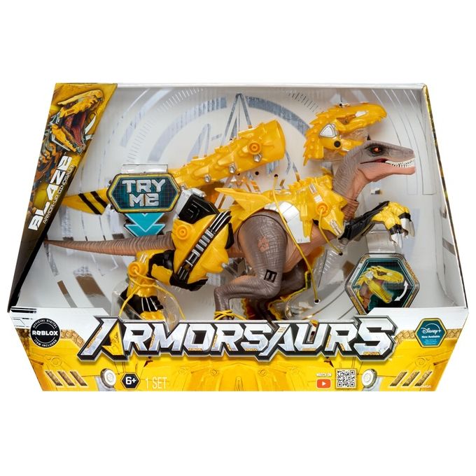 MGA 552284-EUC Armorsaurs Dinosauro Raptor con 7 Pezzi di Armatura Rimovibili Azione Morso Attivata dalla Coda colore Giallo