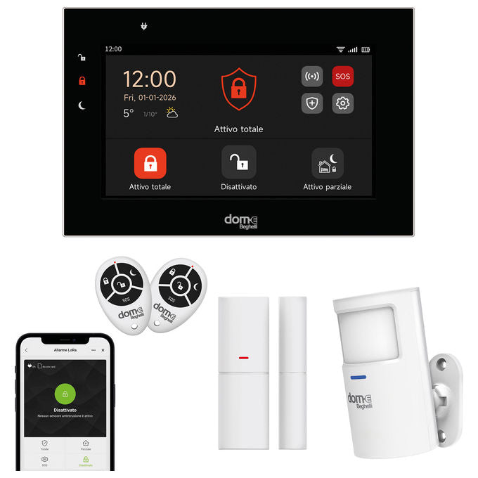 Beghelli 60105 Dom-e KIT di allarme wireless WIFI GSM 4G LoRa con sensore volumetrico sensore porta finestra sirena 105 dB 2 telecomandi colore Bianco