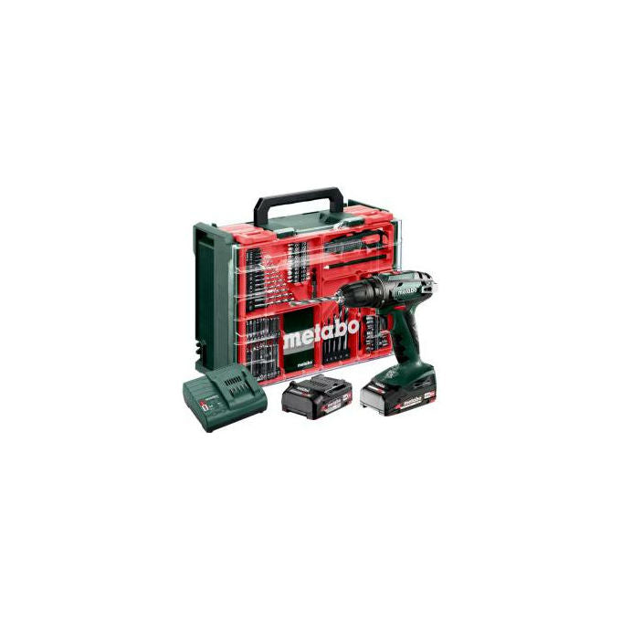 Metabo 602207710 BS 18 Trapano avvitatore a batteria 18 V 2 x 2 Ah LiPOWER con mandrino autoserrante valigetta 74 pezzi caricatore SC 30 gancio per cintura colore Nero