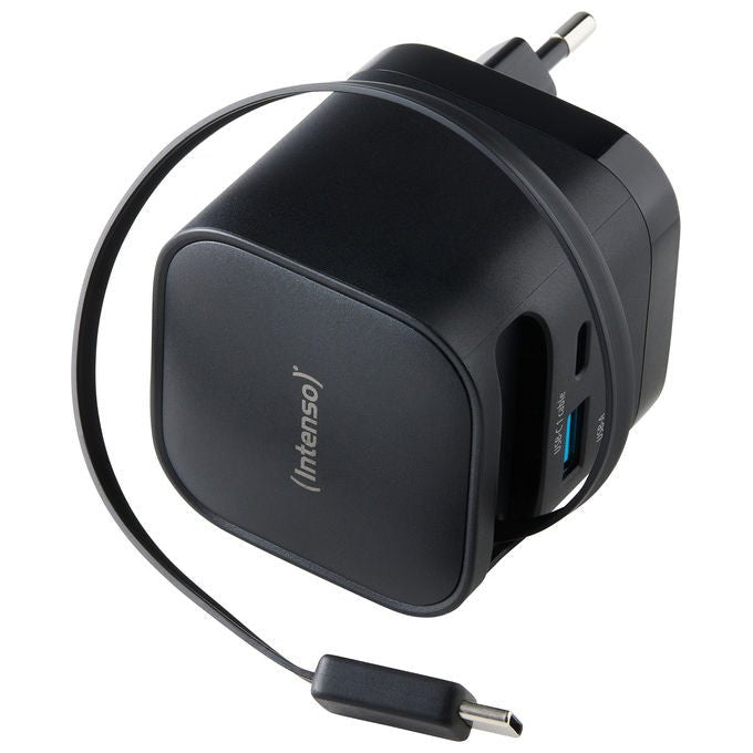 Intenso 7806520 Power Adapter W65ACIC Caricatore USB-C GaN 65 W con cavo estraibile USB-C e USB-A PD PPS QC 4.0 colore Nero