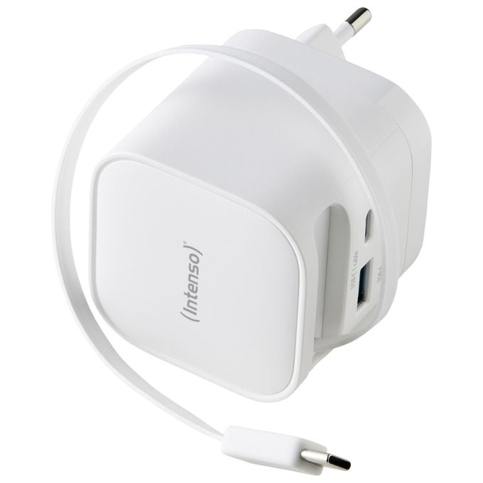 Intenso 7806522 Power Adapter W65ACIC Caricatore USB-C GaN 65 W con Cavo Estraibile USB-C e USB-A colore Bianco
