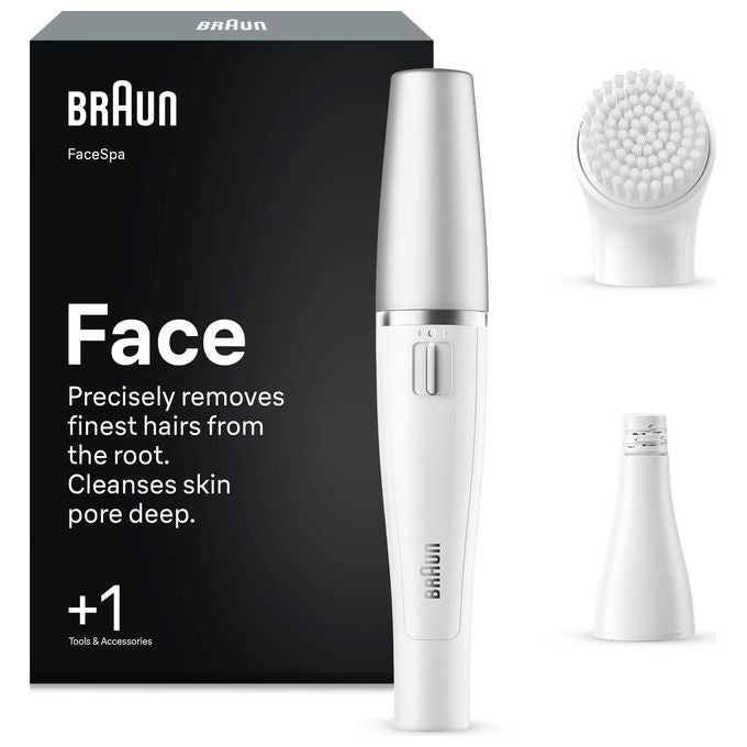 Braun 8006530193658 FaceSpa Epilatore e Spazzola per Pulizia 100% Impermeabile con Accessori per Viso Bianco Argento