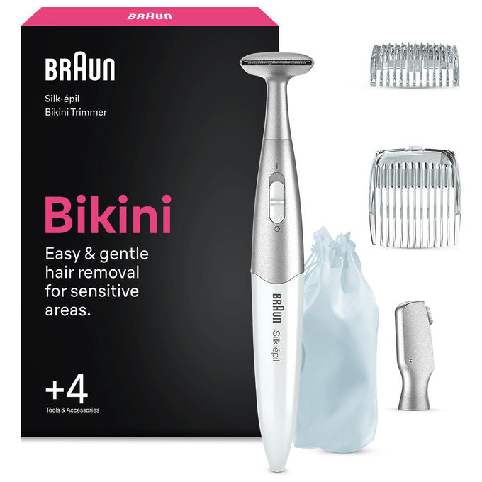 Braun 8006530193771 Silk·épil Rifinitore Bikini con Testina di Precisione 2 Pettini Cappuccio Protettivo Pochette Batteria AAA Spazzolina Pulizia colore Bianco