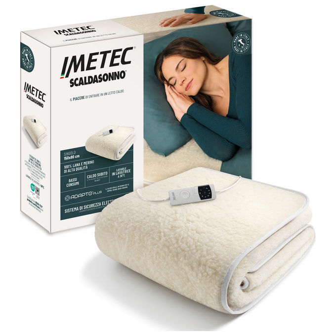 Imetec 26203 Scaldasonno Adapto Plus 100% Lana e Merino Singolo 80x150 cm 150 W 6 Temperature Autospegnimento 1 3 9 Ore Sistema Sicurezza ElectroBlock colore Naturale