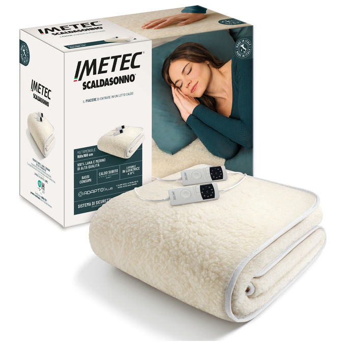 Imetec 26204 Scaldasonno Adapto Plus 100% Lana e Merino Matrimoniale 160x150 cm 150 W 6 Temperature Spegnimento Automatico Cavo Rimovibile Lavabile colore Naturale