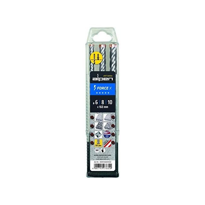 Alpen Set di Punte per Trapano a Percussione SDS FORCE X Box 3 Pezzi 6- 8-10x160