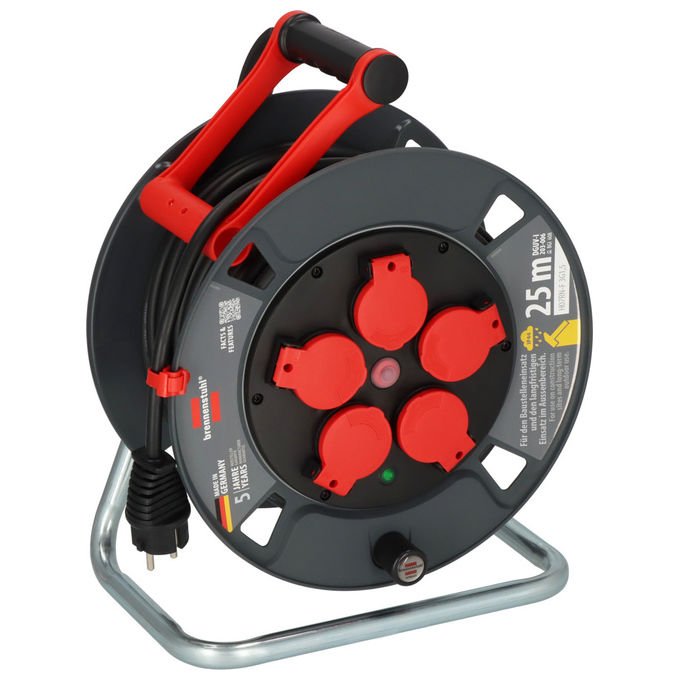 Brennenstuhl 9231250100 Kabeltrommel Serie KU Bobina Avvolgicavo 5 Prese AC 25 m IP44 con Protezione da Sovraccarico e Surcalore colore Nero Rosso