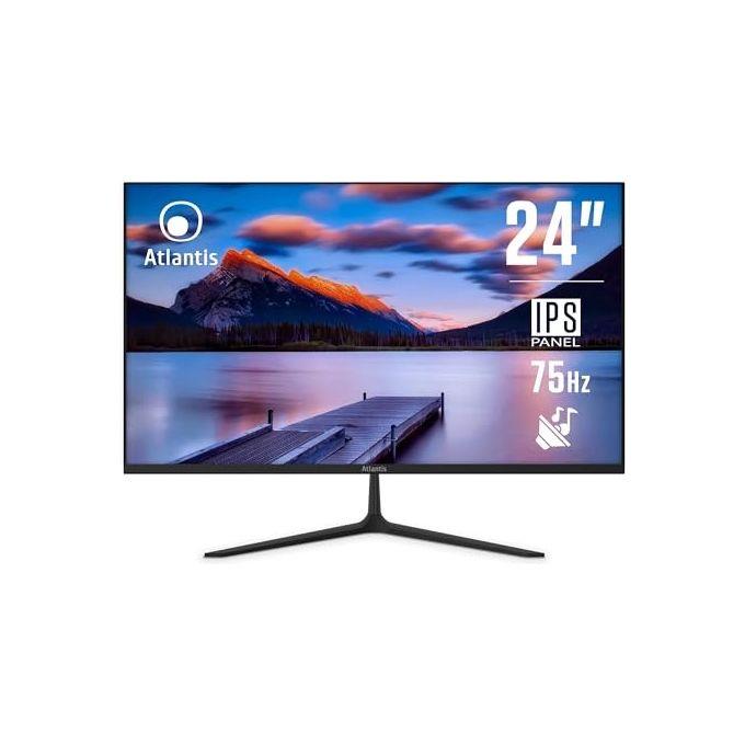 Atlantis Monitor 24 pollici, schermo 24'' IPS 75Hz, Full HD 1920x1080, VGA HDMI DP, MULTIMEDIALE, FreeSync, Uscita Audio-Cuffie, inclin, risposta 5ms, Contrasto 1000:1, Angolo 178-178, Cavo HDMI 1,5m