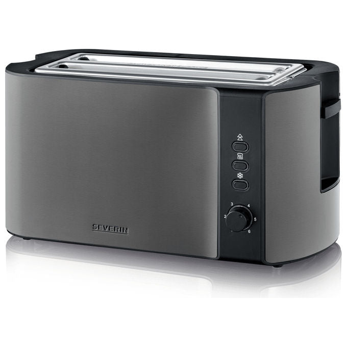 Severin AT9341 Tostapane 2 Fessure Lunghe Acciaio Inox Funzioni Defrost Reheat Sbrinamento Automatico Riscaldamento Ripetuto Pannello Centraggio Automatico Pareti Fresche Spegnimento Automatico colore Nero