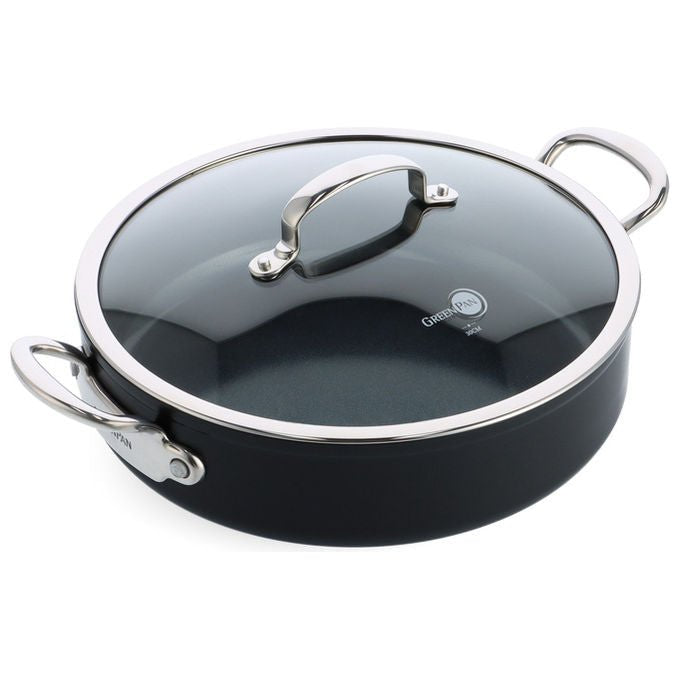 GreenPan CC005329-001 Barcelona Pro Padella Multiuso in Alluminio con Rivestimento Antiaderente in Ceramica PFAS Free Forno fino a 200 °C Induzione Sì con Coperchio in Vetro e Due Manici in Acciaio Inox colore Nero