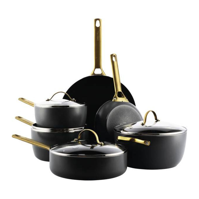 GreenPan PADOVARES10 Set di pentole e padelle 10 pezzi Rivestimento antiaderente in ceramica rinforzata con diamanti Acciaio inossidabile dorato Adatto a tutte le superfici di cottura incluso induzione Forno fino a 200 °C PFAS Free colore Nero