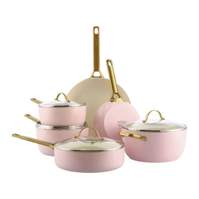 GreenPan CC008483-001 Padova Reserve Set di pentole 10 pezzi in alluminio con rivestimento ceramico antiaderente rinforzato con diamanti adatto a tutti i piani cottura inclusa induzione colore Rosa