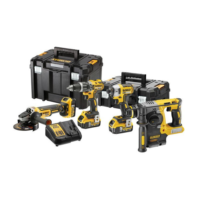 DeWalt DCK422P3T Kit Utensili a Batteria 18V con Trapano Percussione DCD796 Tassellatore DCH273 Avvitatore Impulsi DCF887 Smerigliatrice Angolare DCG405 3 x Batteria 5,0 Ah Caricabatteria DCB115 Custodie TSTAK II e TSTAK VI colore Nero