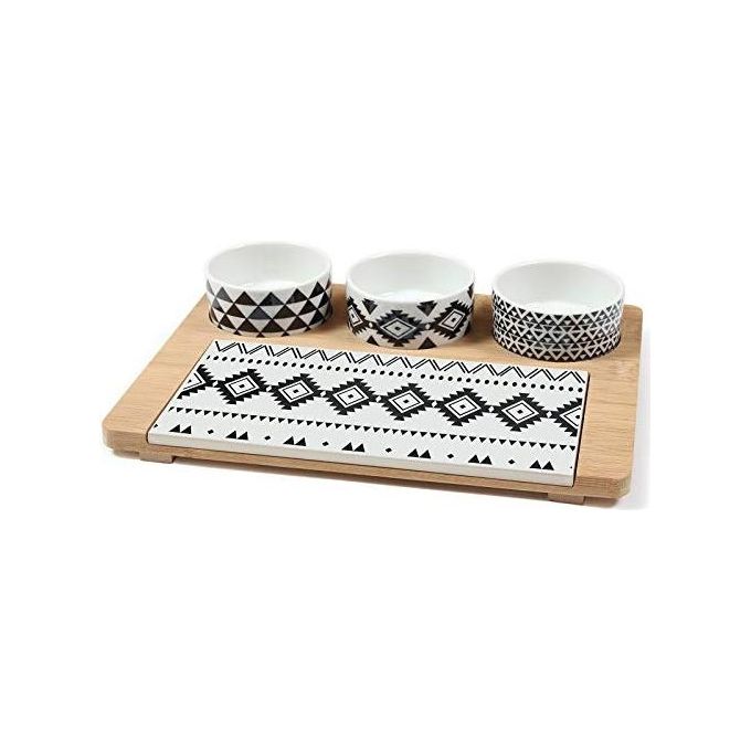 Set 4 Pezzi Tagliere per Aperitivo Boho in Bamboo e Porcellana
