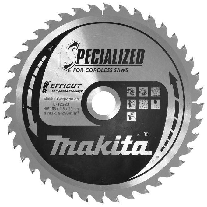 Makita E-12223 Lama Efficut T.C.T. 165x20 mm 40 denti per legno e decking composito colore Nero