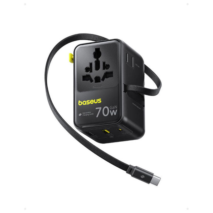 Baseus E0307E00 EnerCore CG11 Adattatore Universale da Viaggio con Cavo Retrattile 2AC 2U 2C 70W colore Nero