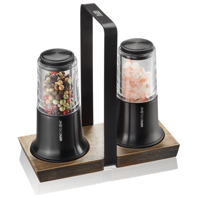 Gefu G-34642 X-Plosion Set di macina sale e pepe con meccanismo in ceramica regolabile e vassoio colore Nero