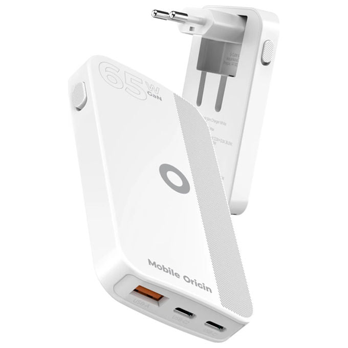 Mobile Origin GAN-65W-SLM-WHT Caricabatterie Universale con GaN 65W 2 Porte USB-C 1 Porta USB-A Ricarica Rapida colore Bianco