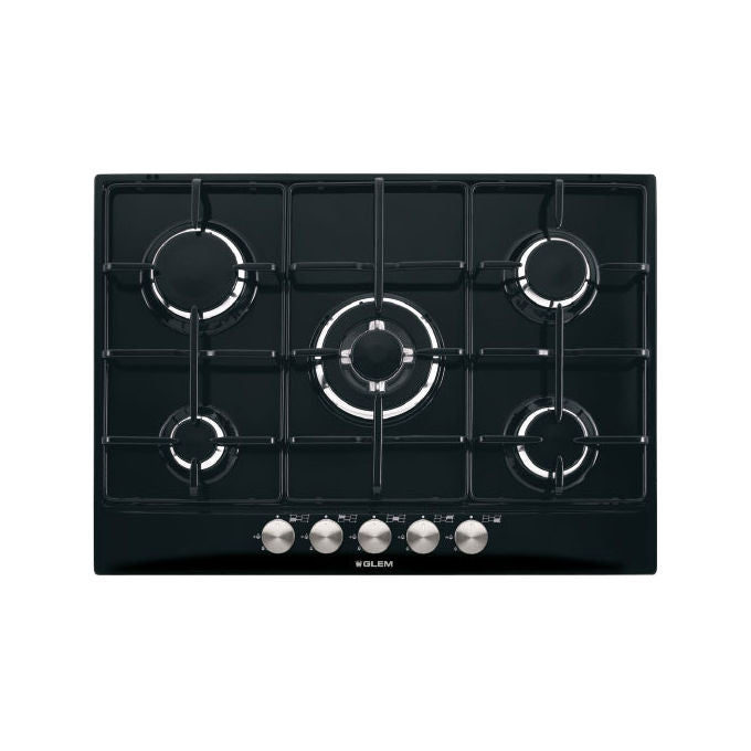 Glem Gas GT755BK Piano cottura Gas 70 cm 5 Fuochi Accensione Sottomanopola Griglie in Ghisa Security Gas System colore Nero