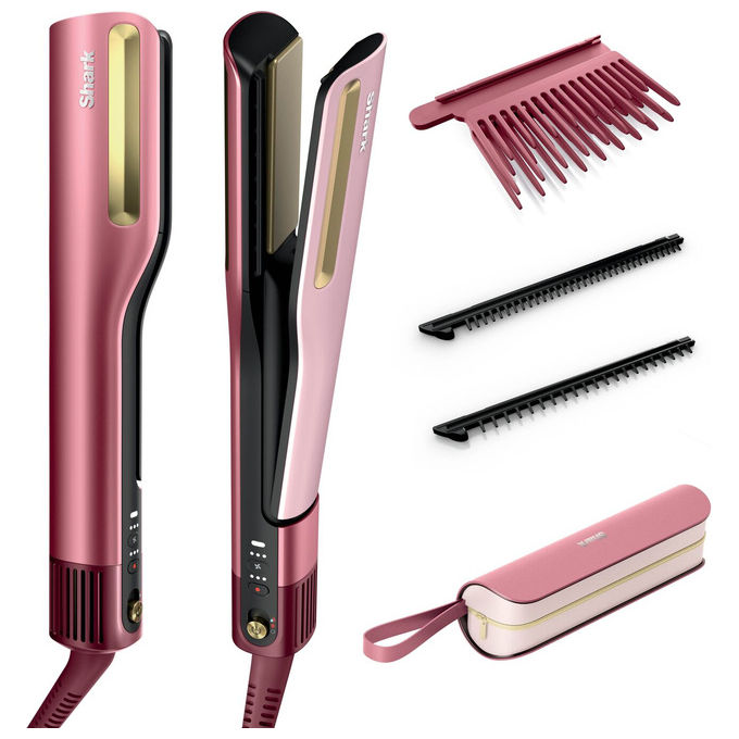 Shark HT401EUPK SilkiPro Straight Piastra Asciugacapelli 2 in 1 con Pettini Intercambiabili Potente Flusso d'aria Ceramica HeatSense colore Petalo di rosa