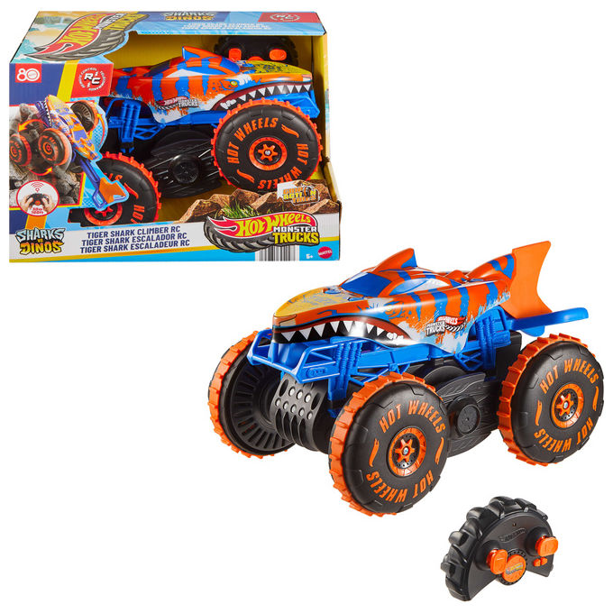 Hot Wheels JFR39 Monster Trucks Tiger Shark Super Scalatore RC Veicolo Radiocomandato con Modalita' Climber e Speeder colore Rosso