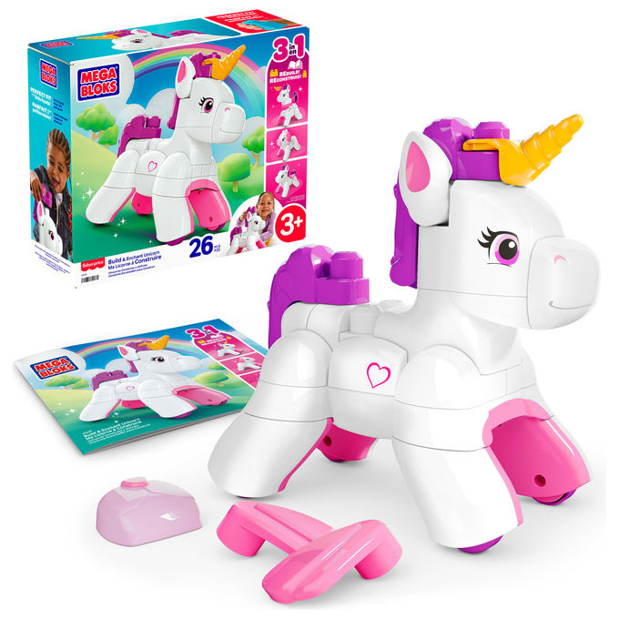 MEGA BLOKS JKG36 Fisher-Price 3-in-1 Unicorno Costruisci e Incanta con 26 Blocchi Grandi Facili da Montare per Bambini colore Multicolore