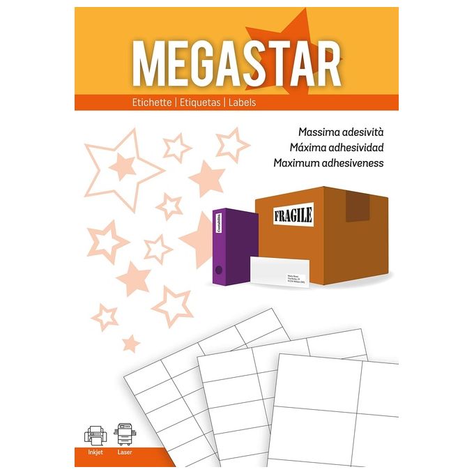 Megastar LP4MS-7036 Etichette Autoadesive Multiuso 70x36 mm 24 per Foglio 2400 Etichette Carta FSC Adesivo Permanente colore Bianco