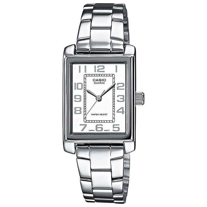Casio LTP-1234PD-7BEF Collection Orologio Analogico Donna Cassa Rettangolare in Ottone Cinturino Acciaio Inossidabile Quadrante Bianco Vetro Minerale Resistenza 30m colore Argento