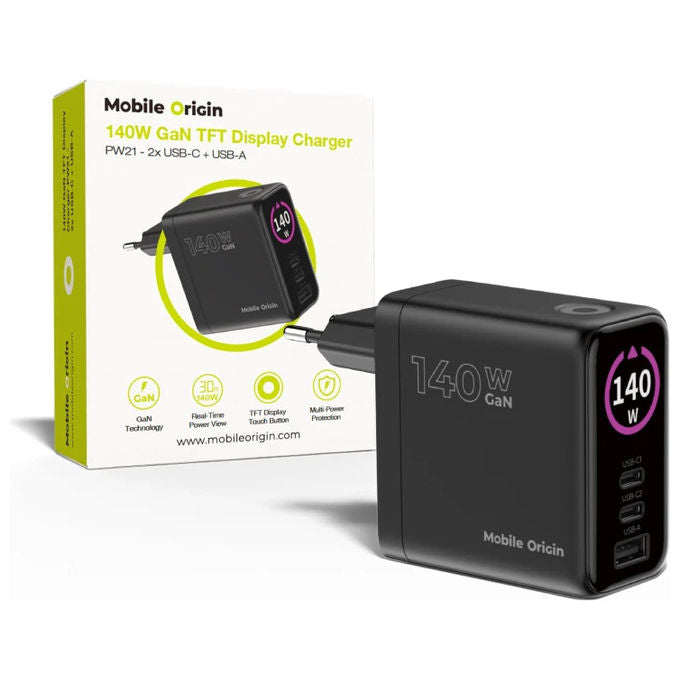 Mobile Origin MO-140WDCH-PW21 Caricabatterie Universale 2x USB-C 1x USB-A 140W GaN Power Delivery 3.1 PowerIQ 3.0 colore Nero