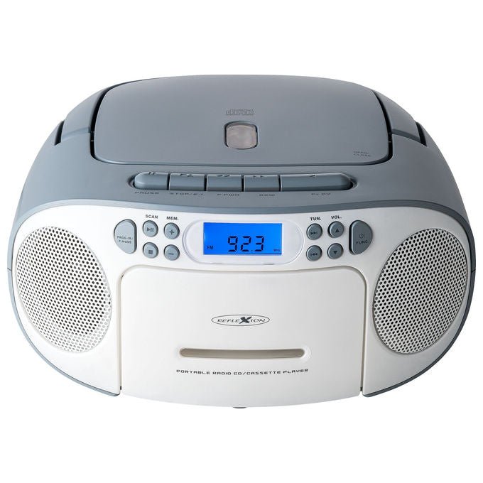 Reflexion RCR2260W-BL Radio CD Portatile con Lettore CD Cassette FM AUX 3.5 mm LCD Retroilluminato Blu Alimentazione CA Batteria colore Bianco Blu